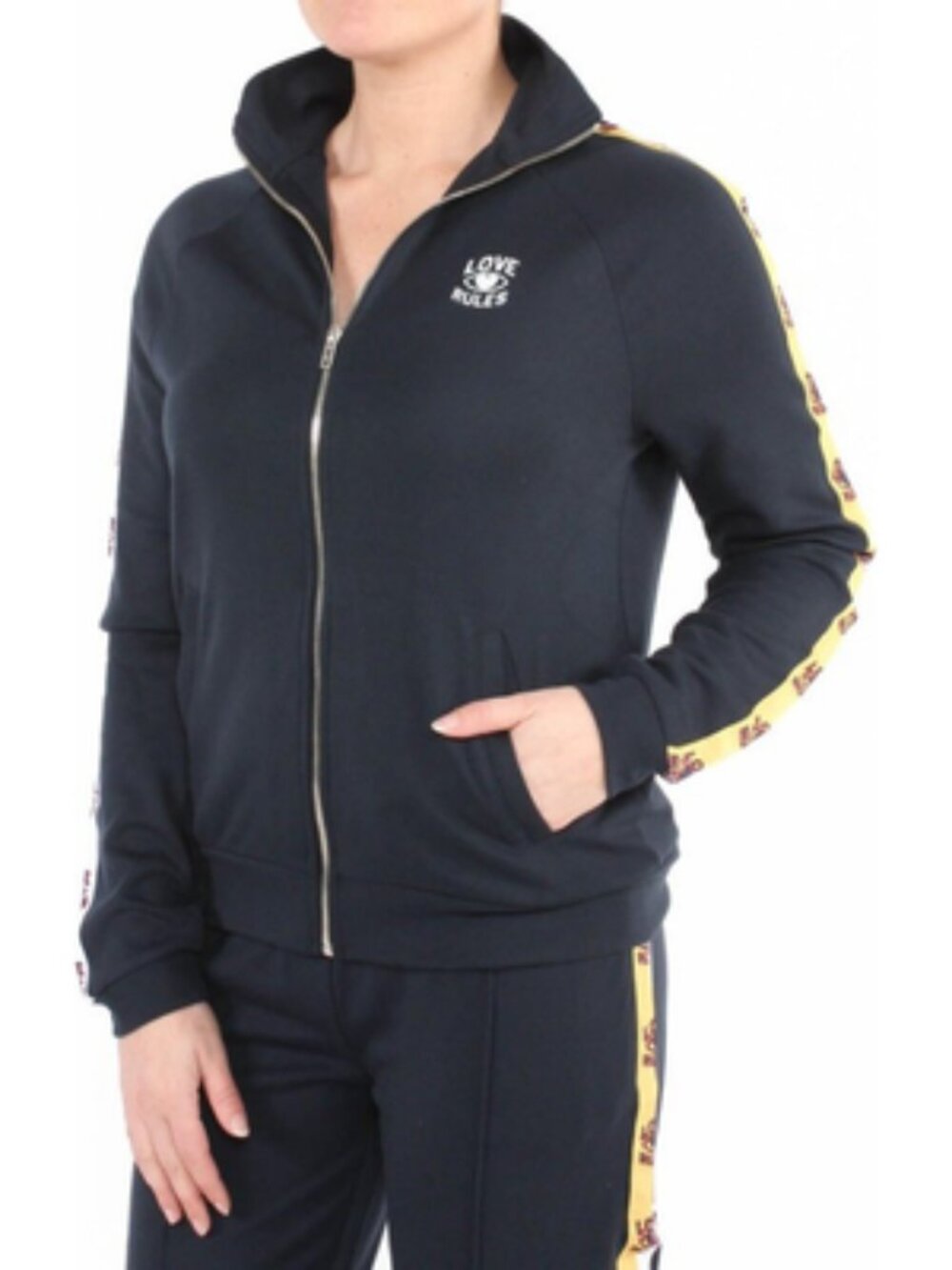 KARSSEN Navy Full Zip Track Jacket Yellow Logo Side Stripe Sporty Small